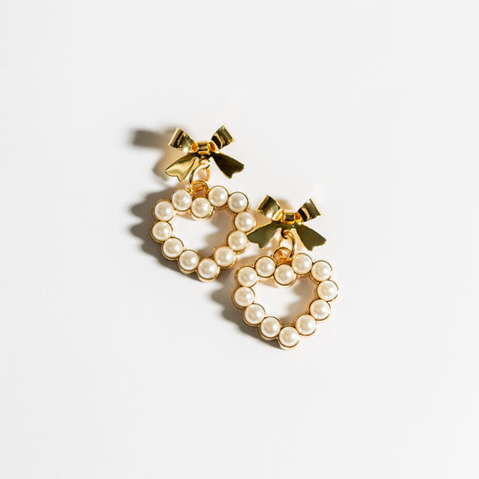 Pearl Heart and Bow Drop Earrings